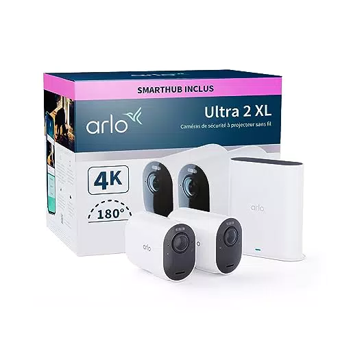 Caméra de Surveillance Arlo Ultra 2 4K + SmartHub, WiFi Extérieur Sans Fil, Vision Nocturne Couleur, Carte Micro SD, Autonomie 12 mois, Essai Arlo Secure Inclus - 2 Caméras