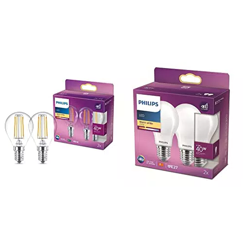 Ampoule LED Philips Sphérique E14 Blanc Chaud & Ampoule LED Standard E27 Blanc Chaud