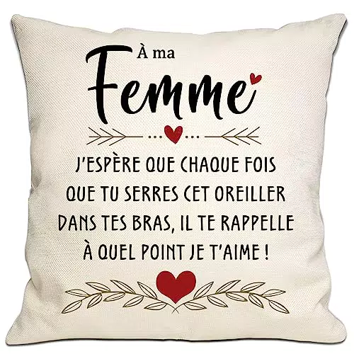 Housse de Coussin Je t'Aime - Cadeau pour Femme, Épouse - Anniversaire, Saint-Valentin, Noël