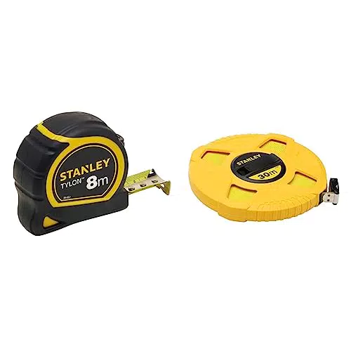 Mètre à Ruban Stanley Tylon Bi Matière 8m x 25mm - Ruban Anti-Corrosion & Mètre à Ruban Fibre de Verre 30m Jaune Fluo - Revêtement PVC