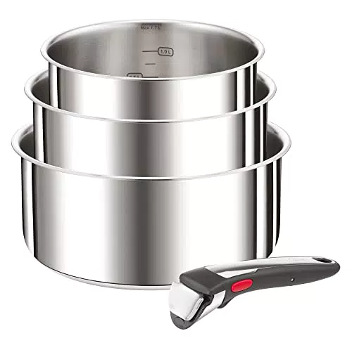 Ensemble de Casseroles Tefal Ingenio avec Poignée Amovible - Induction, Acier Inoxydable - Empilable, Gain de Place - Fabriqué en Chine