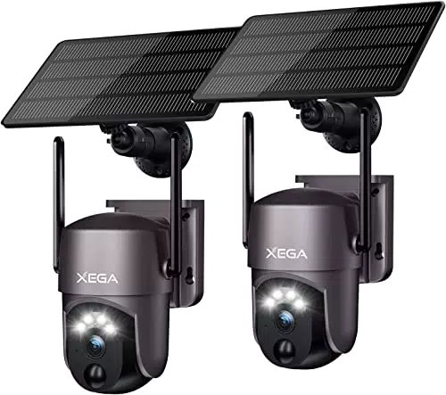 Caméra de sécurité solaire extérieure sans fil Xega - Vision nocturne couleur 2K, détection humaine PIR, audio bidirectionnel