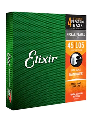 Cordes Elixir® en Acier plaqué Nickel avec revêtement NANOWEB® pour basse 4 cordes, Long Scale, Light/Medium