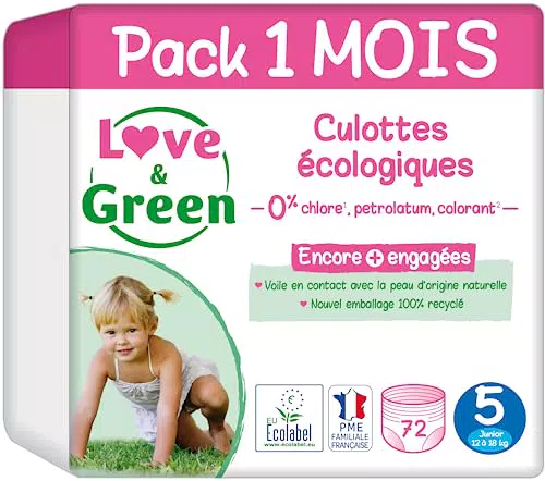 Couches Culottes Love & Green - Ecologiques et Saines, Taille 5 - Pack 1 Mois - Absorbante et Anti-fuites