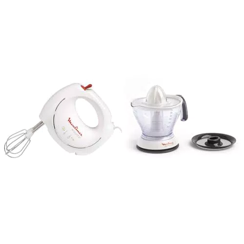 Batteur électrique Moulinex 200 W, 2 vitesses, 2 jeux de fouets inclus & Presse-agrumes électrique 0,6 L, 25 W, Sélecteur de Pulpe