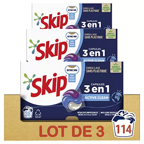 Lessive Liquide en Tablettes 3 en 1 Active Clean, Soin des Fibres & Fraîcheur Longue Durée - Lot de 3x38 Pastilles