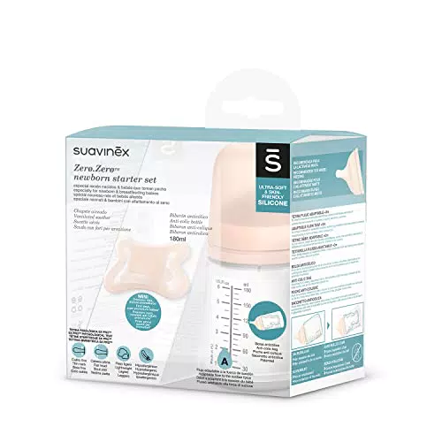 Set de démarrage Suavinex anti-colique 180ml avec tétine spéciale allaitement + sucette Naissance Taille Mini (-2 à 2 mois)