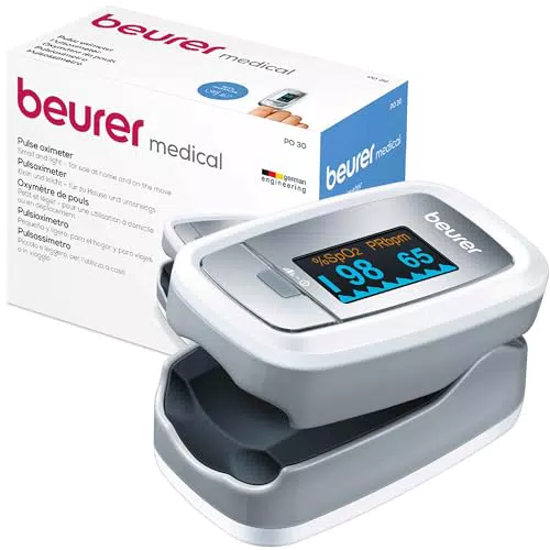 Ossimetro da polso Beurer PO 45 - Misurazione della saturazione di ossigeno (SpO₂) e della frequenza cardiaca (pulsazioni) con schermo a colori.