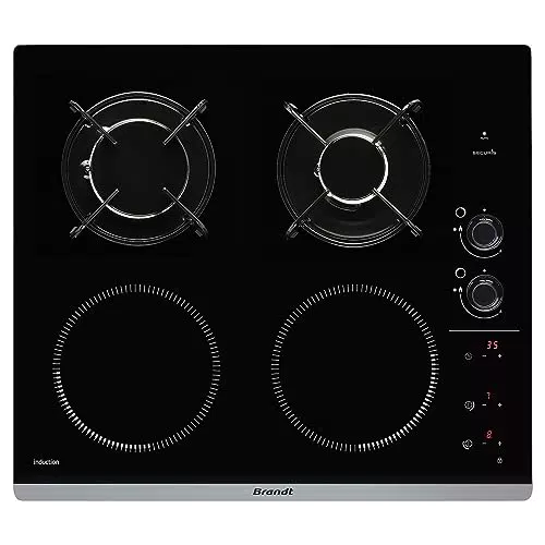 Brandt BPI6413BM - Table de Cuisson Induction et Gaz - 4 Foyers - 3400W Électrique