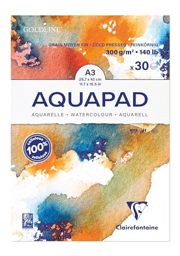 Bloc Encollé Clairefontaine Goldline Aquapad A3 - Papier Aquarelle Blanc Grain Moyen Fin