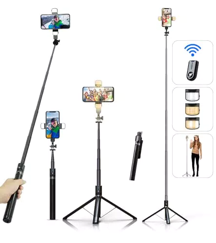 ASHINER Trépied Selfie 180 cm avec Télécommande et Lumières LED pour Smartphone