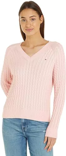 Pull Tommy Hilfiger Col V en Câble, Rose Femme