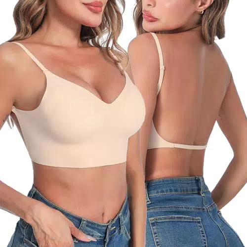 Crewhpo Soutien-gorge Invisible Dos Nu Push Up Femme Brassière Sans Armature