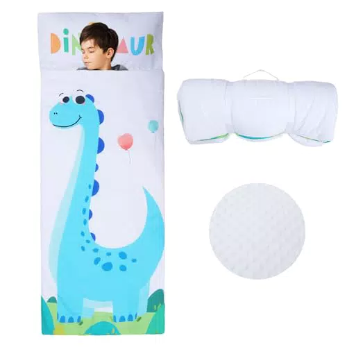 Sac de Couchage Enfants avec Oreiller Amovible - Tapis de Sieste Dinosaures