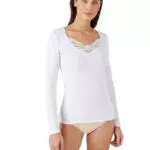 Damart T-Shirt Manches Longues Fine Côte Guipure Thermolactyl Col V