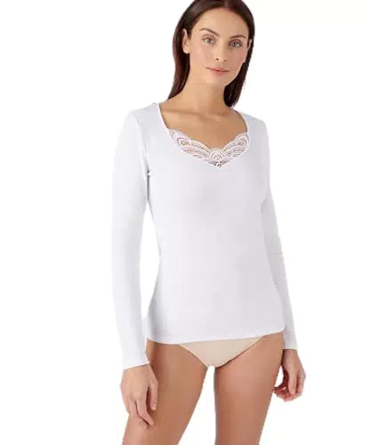 Damart T-Shirt Manches Longues Fine Côte Guipure Thermolactyl Col V