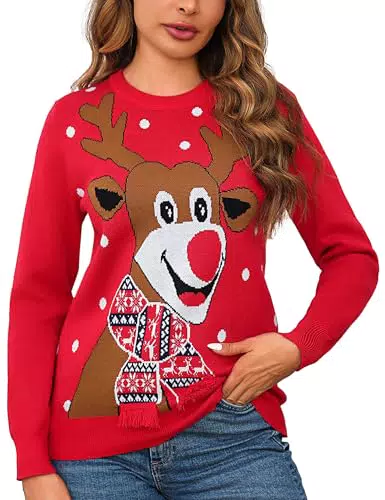 Uniexcosm Pull de Noël Femme Col Rond avec Wapitis et Flocons de Neige