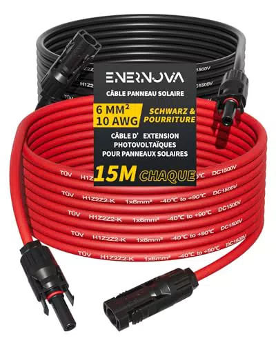 Câble Solaire 4mm²/6mm² avec Connecteurs Mâles et Femelles - Rallonge IP67 15M