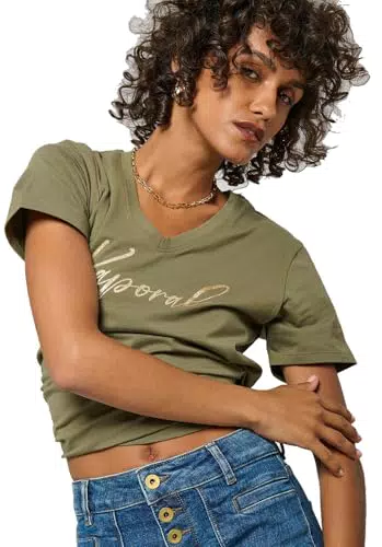 Kaporal T-shirt Femme Signe, Coupe Fitted, Manches Courtes, Col en V