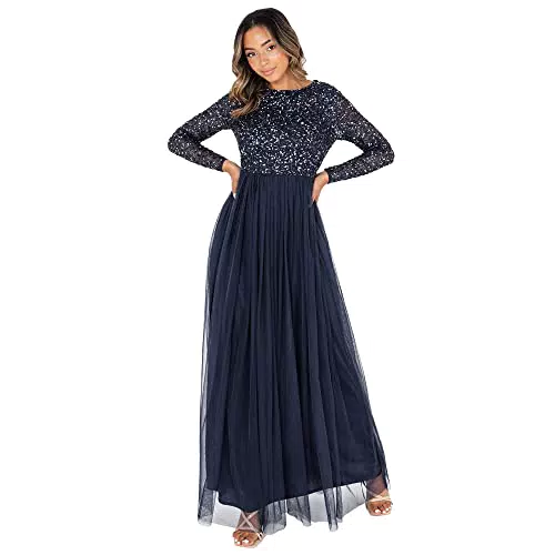 Maya Deluxe Robe de demoiselle d'honneur à manches longues en paillettes
