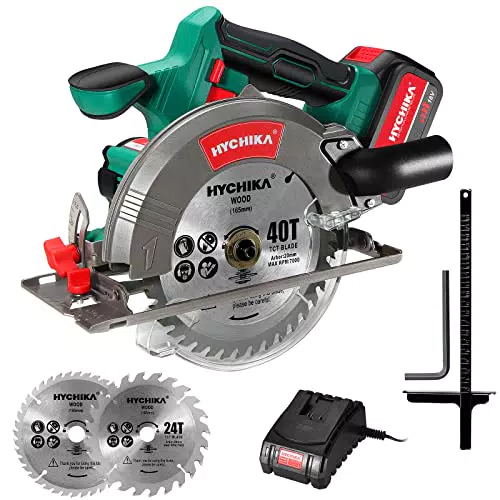 HYCHIKA Scie circulaire sans fil 18V avec 2 lames et rail de guidage