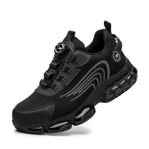 Gugifcto Chaussures de Sécurité Hommes Femmes Basket Respirante Antidérapante Légère Travail avec Embout en Acier Black
