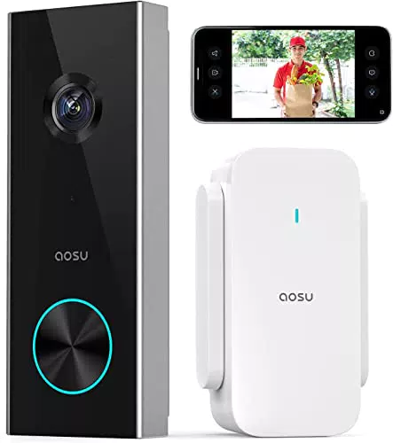 AOSU Sonnette vidéo sans Fil avec Pile, Sonnette sans Fil Exterieur Etanche avec HD 2K