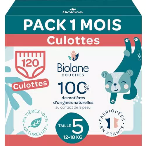 BIOLANE - Couches culottes - Taille 5 - Zéro fuite pendant 12h - Pack 1 mois - 120 Couches Pants - Eco-responsable - Fabriquées en France