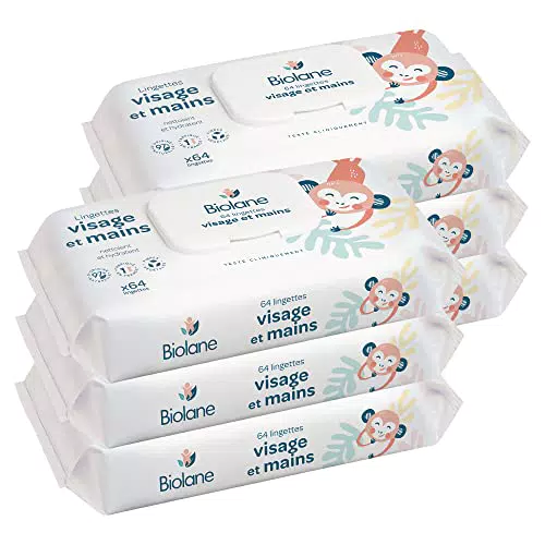 BIOLANE - Lingettes bébé visage et mains - Lot de 6 paquets - 384Lingettes - Nettoie et protège - Toilette - Hyppoallergénique - Peaux Sensibles - 97% d'ingrédients naturels - Fabriqué en France