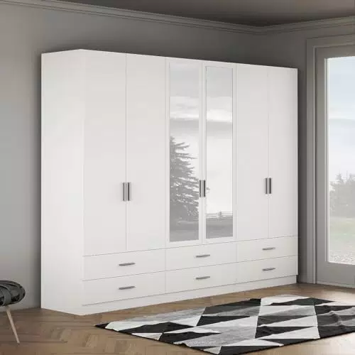 Forte ASUMPTA Armoire 6 Portes avec Miroir, Style Moderne
