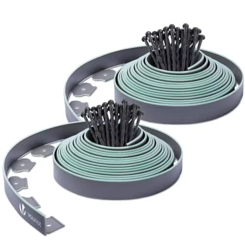 VOUNOT Bordure de Jardin en Plastique 20 mètres avec 60 Piquets d'ancrage Bordurette de Pelouse Bordure de Gazon Flexible Idée de Jardin Hauteur 50mm Epaisseur 4mm Gris Bordé de Vert Clair