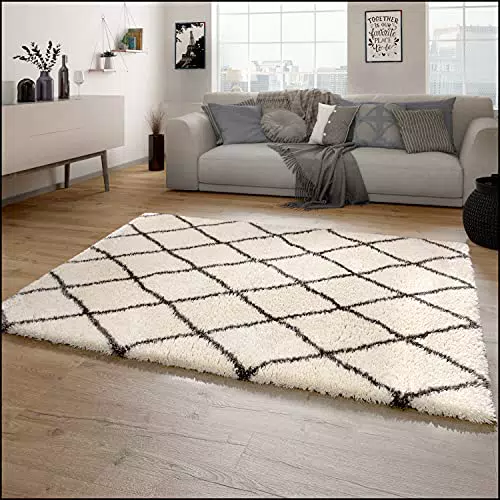 Paco Home Tapis Shaggy Scandinave Moderne Motif Diamant 200x290 cm