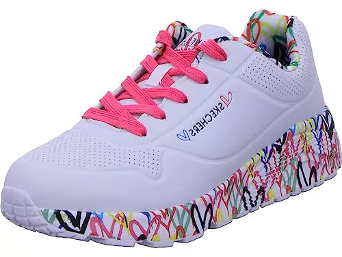 Skechers Fille Uno Lite Lovely Luv Basket, Blanc Synthétique H Bordure Rose