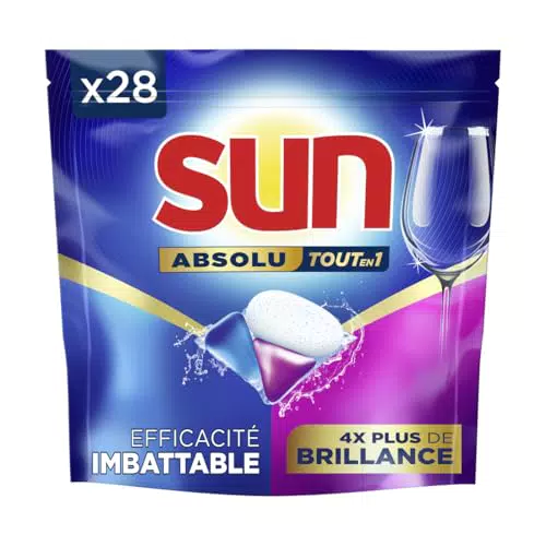 Sun Pastilles Lave-Vaisselle Absolu Tout-en-1 Brillance - 28 capsules - tablettes imbattables sur les taches tenaces - 4x plus d'éclat