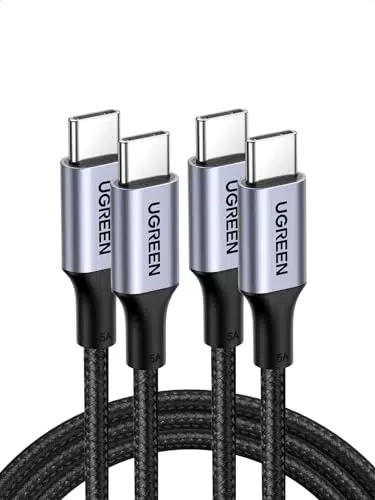 UGREEN Lot de 2 Câble USB C vers USB C PD 100W 5A 20V Câble USB Type C Nylon Tressé Charge Rapide Compatible avec iPhone 15 Plus Pro Max MacBook Pro Air iPad Pro Air Galaxy S23 S22