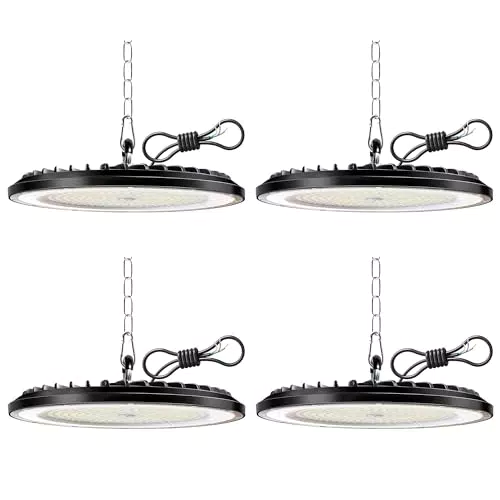4 Pièces Lampe Eclairage Atelier 200W, 30000LM UFO Eclairage Plafonnier LED Garage avec Chaine