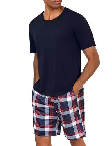 Uniexcosm Pyjama Homme Court Coton Ensemble Pyjama Homme Short Col Rond Manches Courtes Pyjama Haut et Bas Homme Ete avec Poches Latérales A-Bleu Foncé