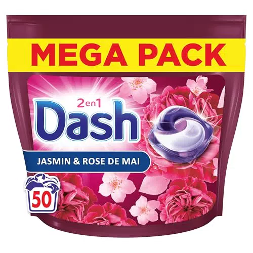 Dash 2en1 PODS Jasmin et Rose de Mai, 50 Lavages, Lessive Capsules 3-en-1