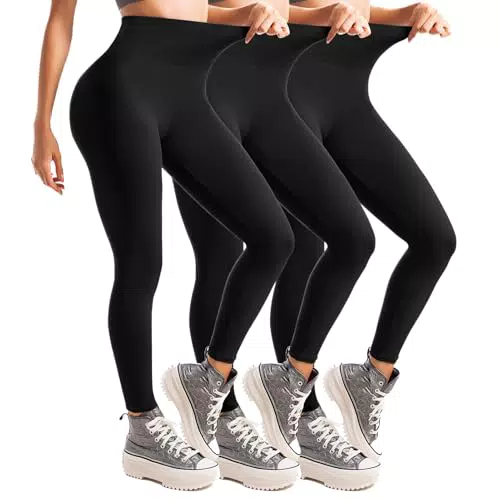 Leafigure Lot de 3 leggings pour femme taille haute non transparents noirs doux pour le fitness