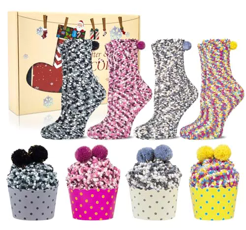 YSense Snug Femme Hiver Chaussette Chaud Cadeaux Cupcake Chaussettes Moelleuses Floues chaussettes pantoufle Doux Chaussette Cupcake Polychrome Chaussettes de Noël