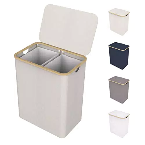 Lonbet Panier à Linge 2 Compartiments avec Couvercle et Cadre Bambou Robuste